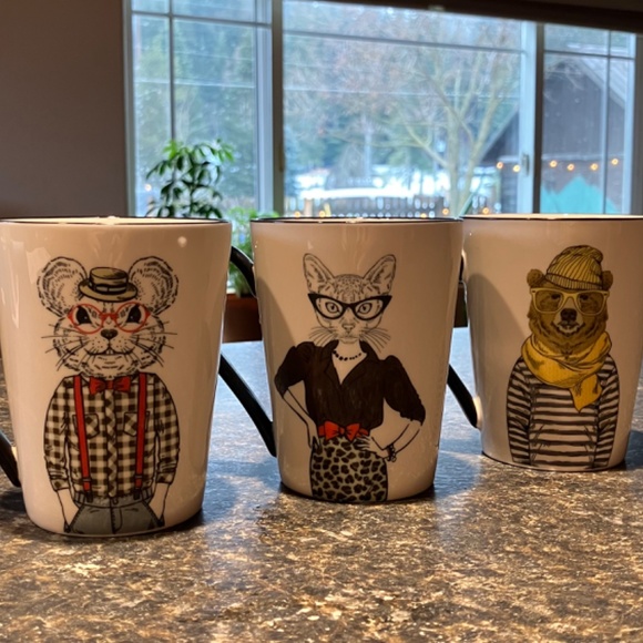 3 pc set hipster animal coffee cups/ mugs bear, cat,,mouse 16.5 oz - Picture 2 of 7
